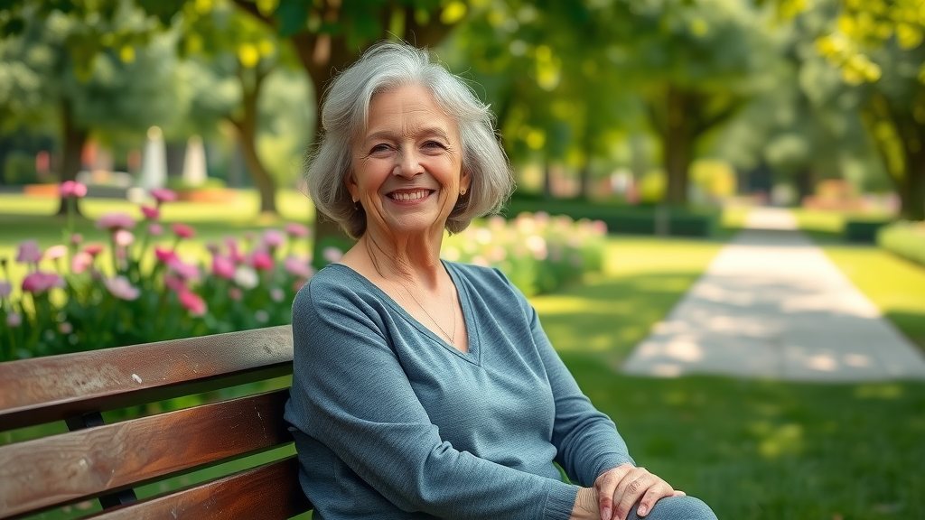Hopeful woman finding vertigo relief with Claritox Pro Vertigo in a lush park setting